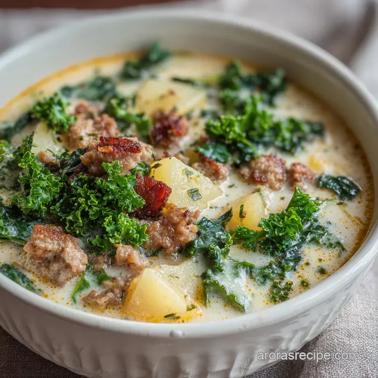A steaming bowl of creamy soup with browned sausage and vibrant kale, garnished with fresh parsley and cracked black pepper.