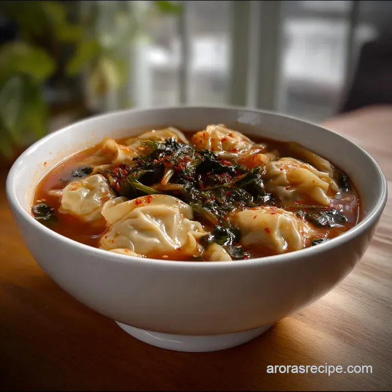 Artfully arranged kimchi and dumpling noodle soup, garnished with a swirl of chili oil and fresh herbs, elegant and inviting.