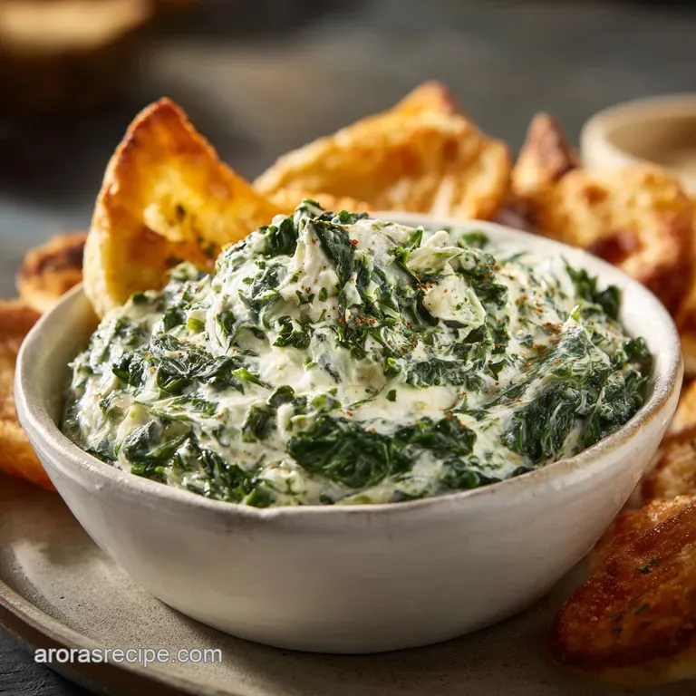 Elegant spinach dip ramekin with toasted baguette slices. The dip is smooth and vibrant, promising a savory, comforting fl...