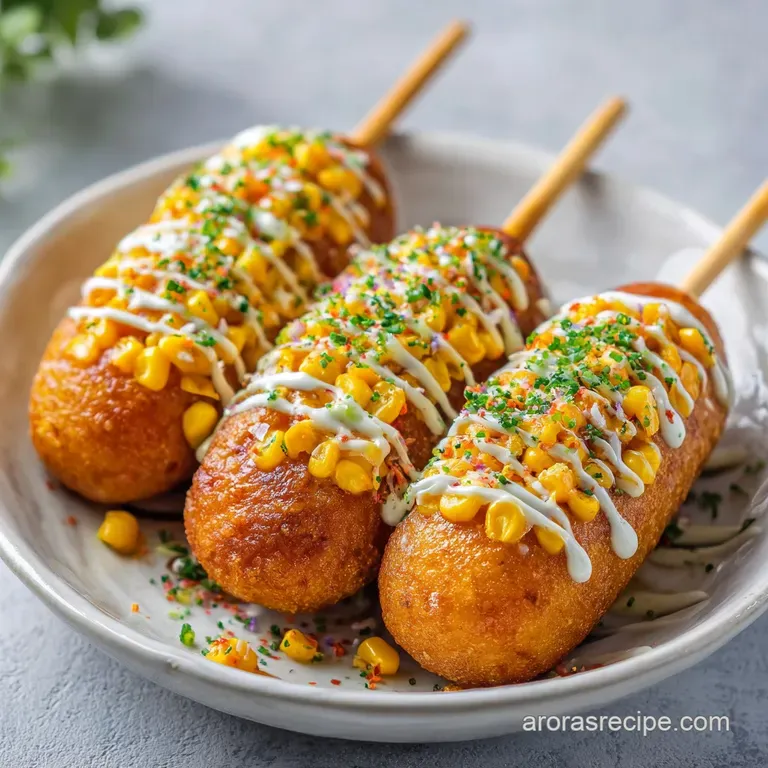 Korean corn dog on a stick, coated in crispy batter and sprinkled with sugar. Steam suggests a fresh, hot bite, ready to b...