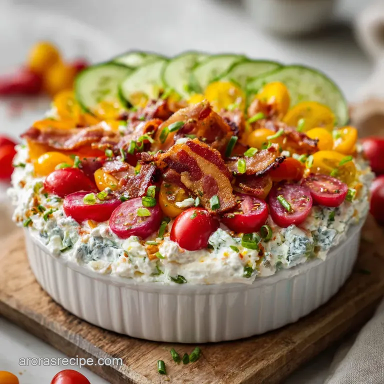 Individual ramekin of Cobb dip: stacked layers of avocado, blue cheese, tomato, bacon, and creamy dressing.