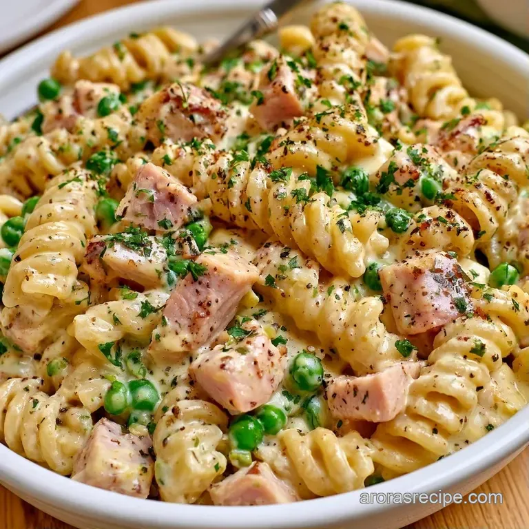 Elegant swirl of creamy pasta with tender turkey cubes, pops of green peas, and a dusting of grated Parmigiano Reggiano.