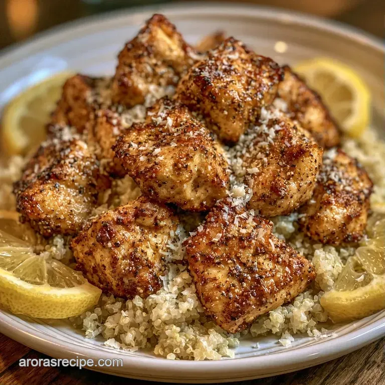 Plated golden-brown chicken breasts atop fluffy quinoa, accented by vibrant lemon slices and a sprinkle of greens.