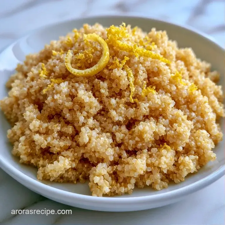 Elegant white plate featuring fluffy, pale yellow grains garnished with thin lemon wheels and fresh green herbs.