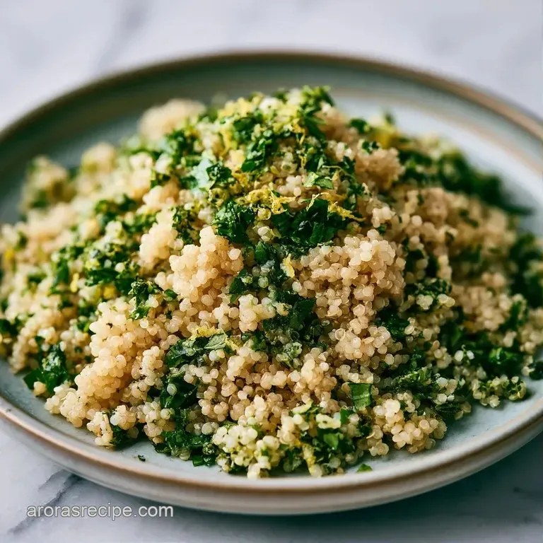 A neat mound of seasoned grains garnished with a thin lemon wheel and fresh parsley on a matte grey plate.