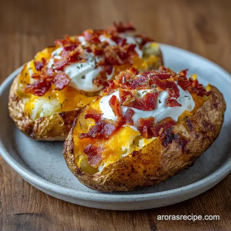A rustic wooden platter holding fluffy potatoes topped with bubbling cheese, red bacon bits, and a sprinkle of herbs.