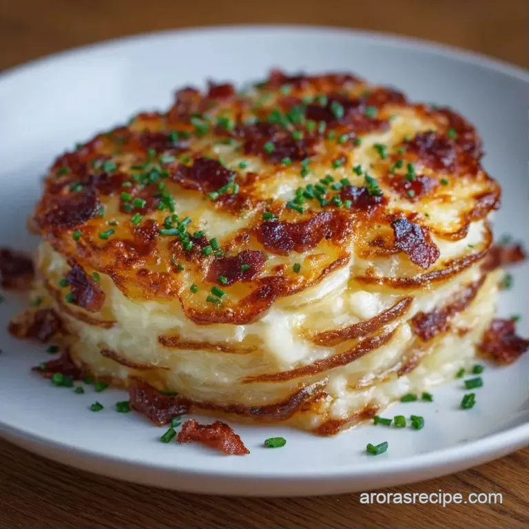 Elegant white baking dish with bubbling golden cheese, crispy bacon, and a garnish of bright green chopped chives.