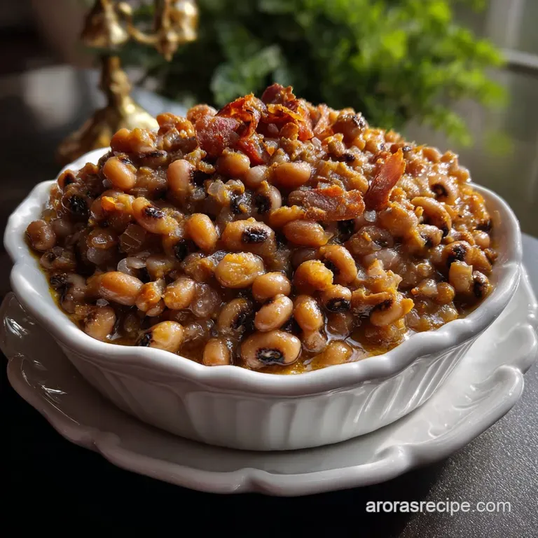 Elegant plating: a generous portion of creamy black-eyed peas, encircled by a swirl of olive oil, alongside crusty bread, ...