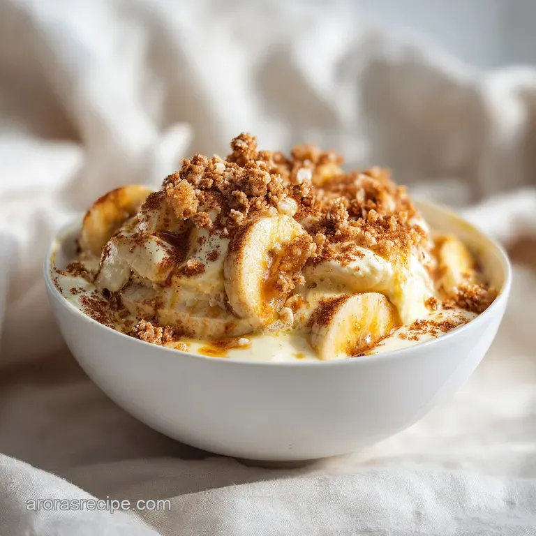 A chilled glass bowl filled with fluffy banana pudding, crowned with whipped cream and fresh banana slices.