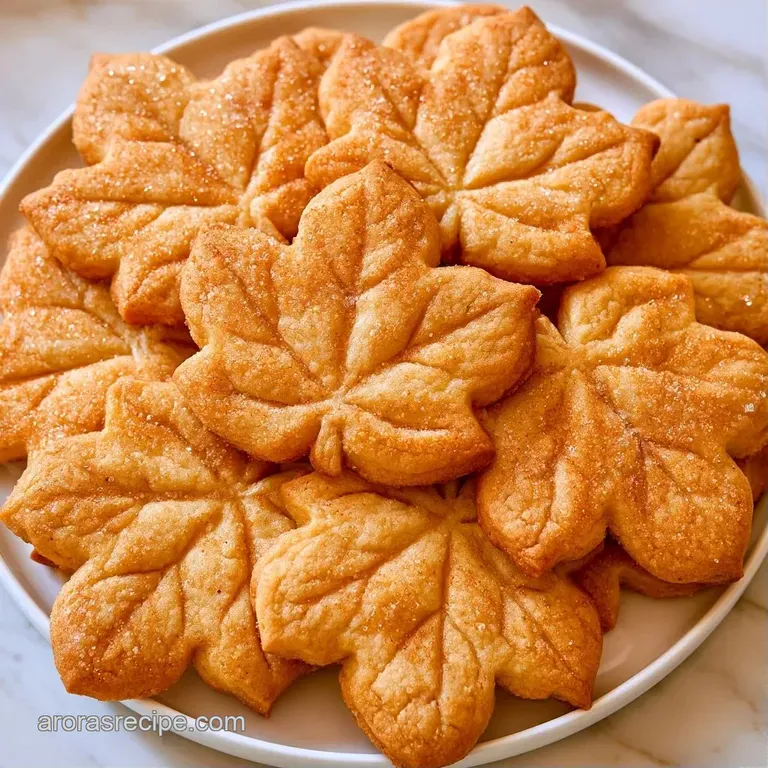 Leaf-shaped butter cookies stacked on a white ceramic plate with a swirl of amber syrup and a sprig of fresh mint.