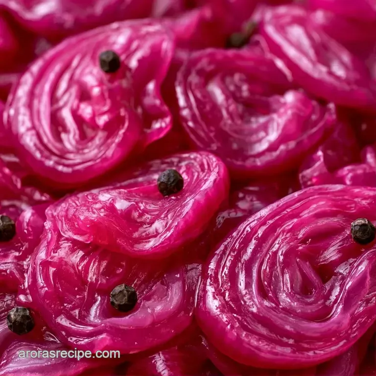 Bright pink pickled onion slivers piled in a white ceramic bowl, shimmering under soft light with a fresh parsley sprig.