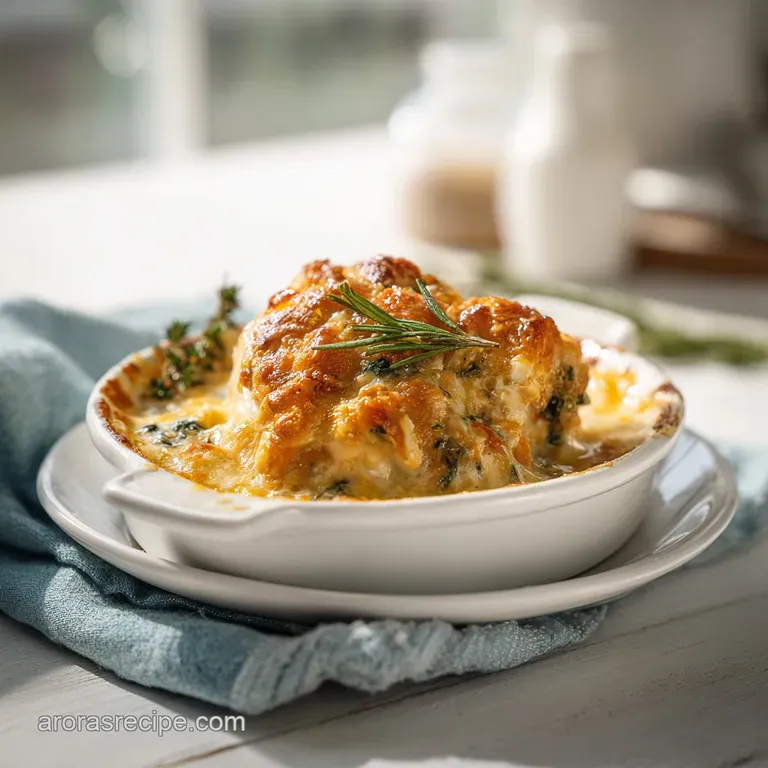 Creamy, saucy chicken casserole served in a white dish, garnished with fresh parsley. Steam suggests warmth and comforting...
