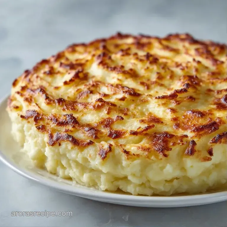 A square slice of creamy potato casserole with a crisp gold crust, served on a white plate with a sprig of parsley.