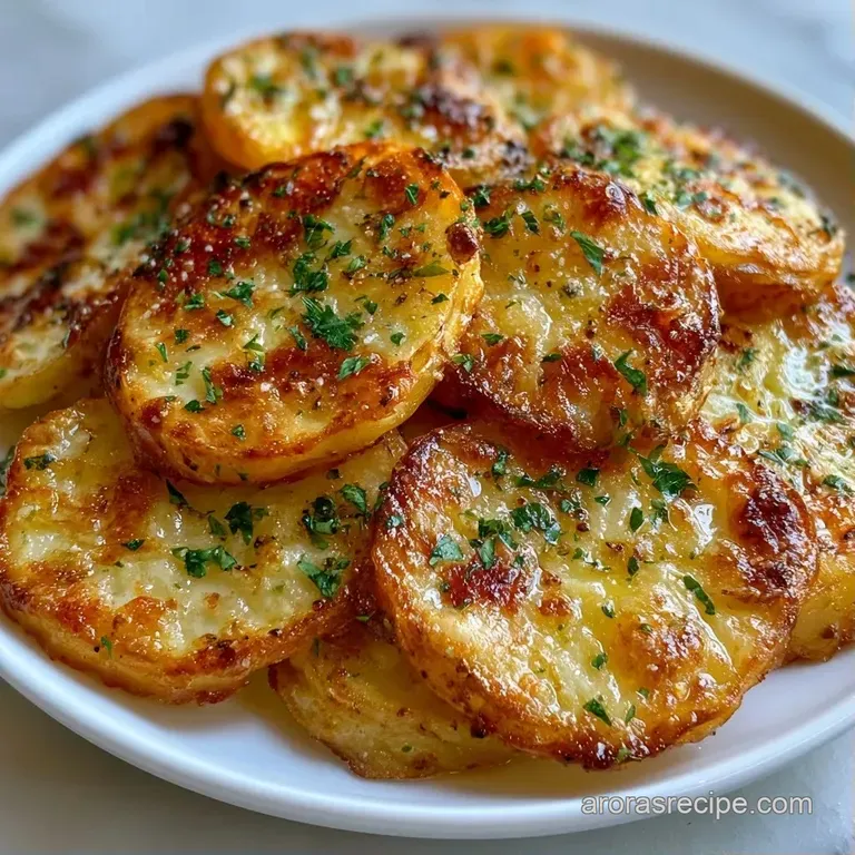 Three golden-brown potato rounds on a white plate, drizzled with shimmering brown butter and a pinch of sea salt.
