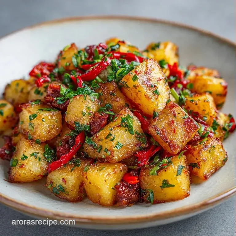 Sizzling cast iron pan filled with golden potatoes, melted white cheese, and bright red peppers on a rustic table.