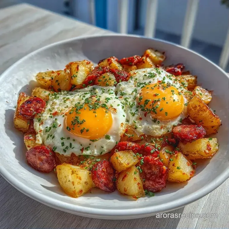 A colorful breakfast skillet with crispy potatoes, red chorizo, and fresh cilantro, topped with a runny sunny-side egg