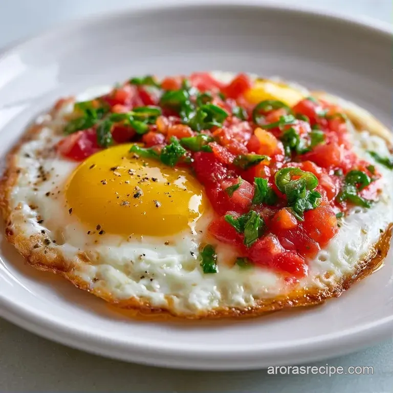 Two poached eggs drizzled with creamy white sauce and bright red salsa, garnished with fresh cilantro leaves.