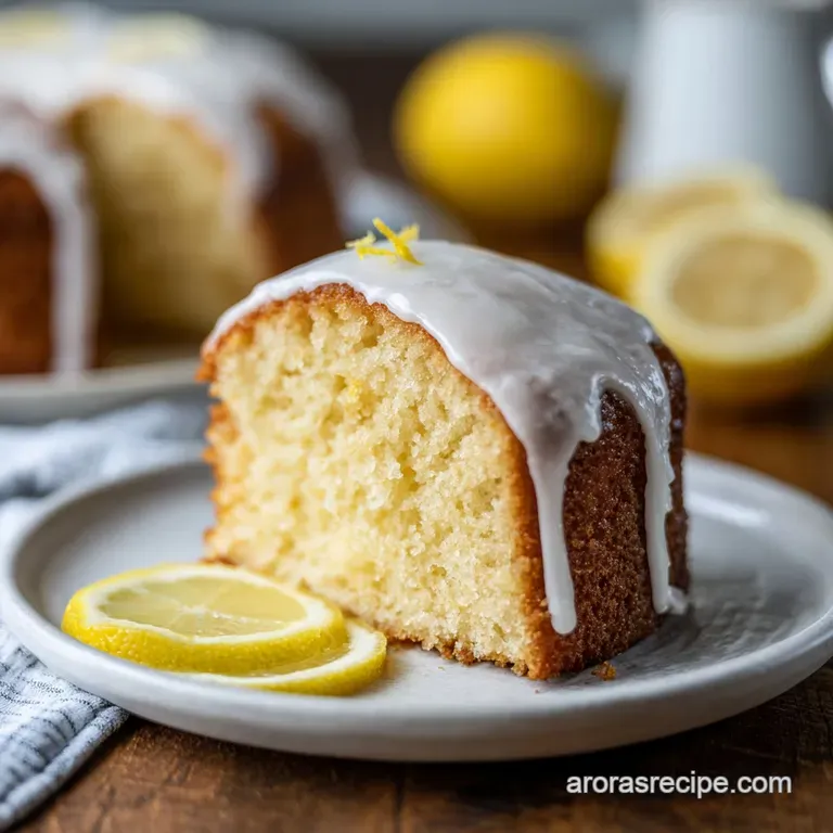 A pristine slice of moist lemon loaf cake sits elegantly on a white plate, garnished with lemon zest.