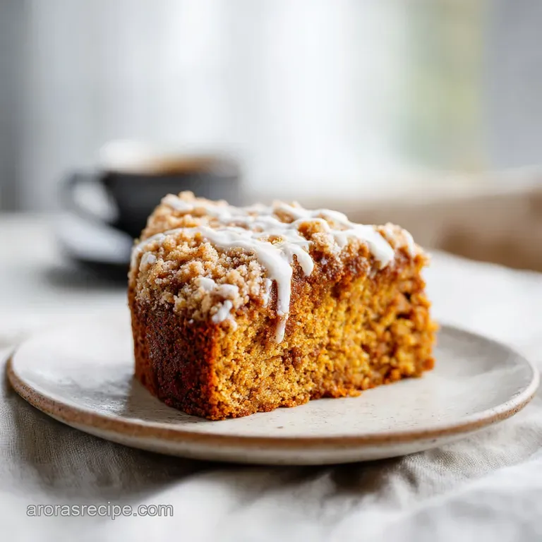 Slice of moist pumpkin coffee cake plated with a dollop of whipped cream, cinnamon dusting, autumnal hues, and inviting te...