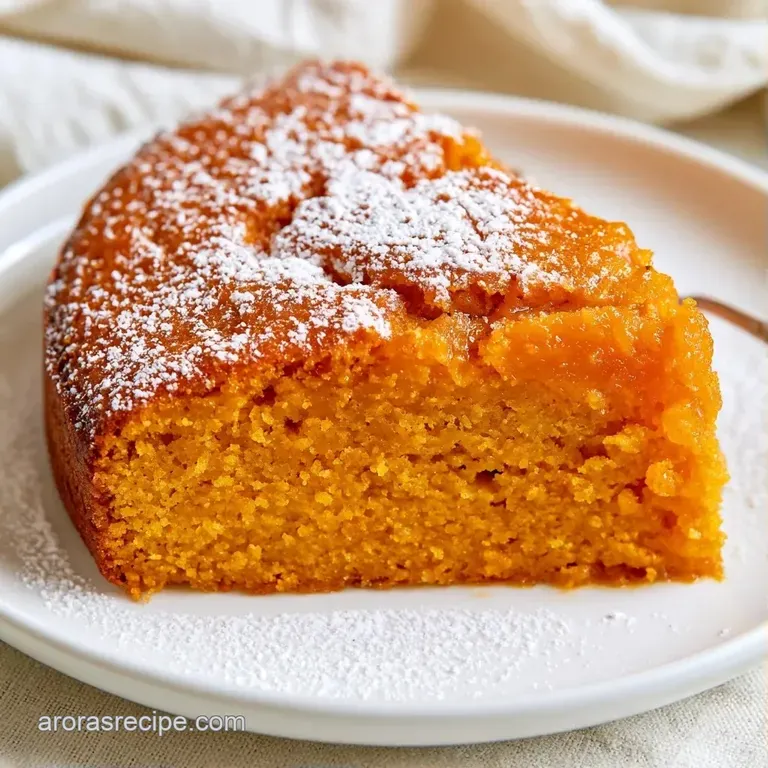 A slice of moist orange-hued cake topped with creamy frosting, plated on a rustic dish with autumn leaf accents.