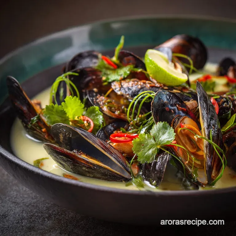 New Zealand Mussels Steamed in Ultracreamy Coconut and Lime Broth presentation