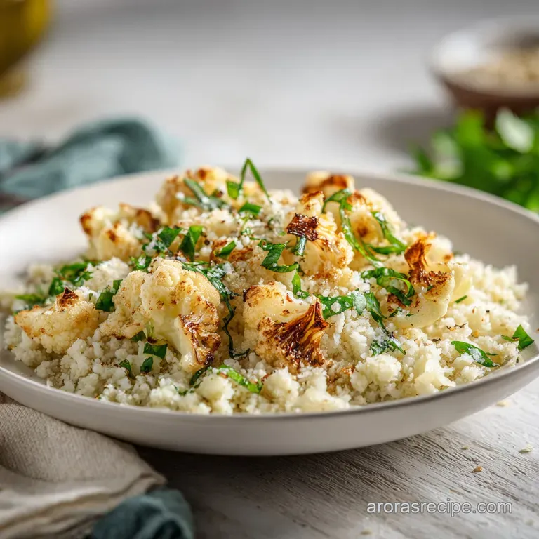 A neat mound of toasty riced cauliflower, glistening slightly, served alongside a vibrant green herb salad.