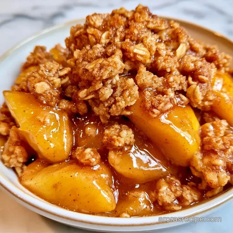 A warm scoop of cinnamon-spiced fruit topped with a buttery oat crumble and a dollop of melting vanilla ice cream.