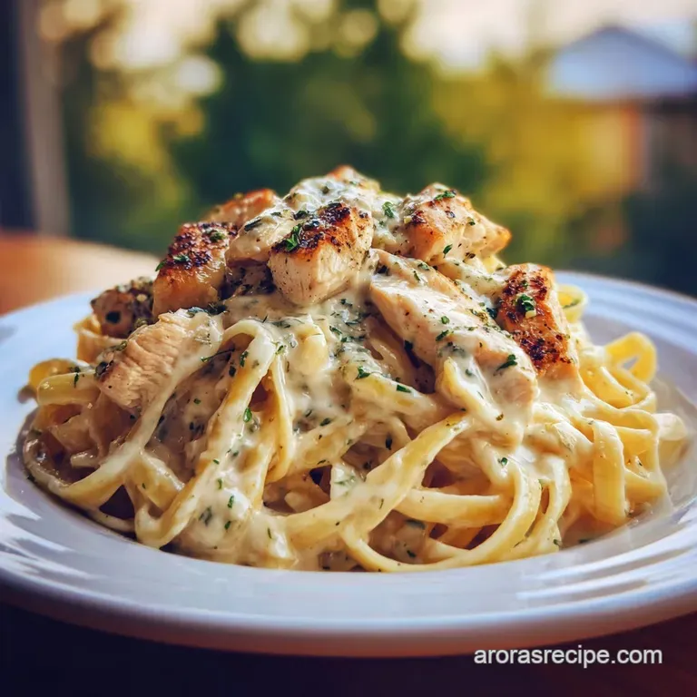 Perfectly plated Chicken Alfredo. Golden grilled chicken rests on glistening pasta, topped with cracked pepper & fresh par...