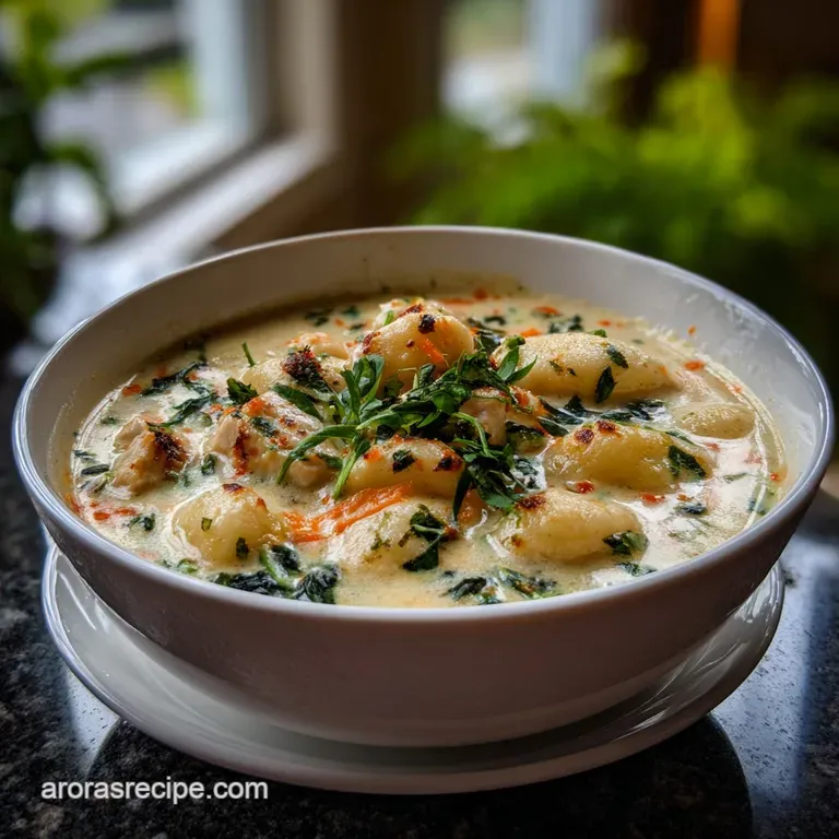 A steaming bowl of creamy gnocchi soup topped with fresh parsley and a drizzle of olive oil, alongside crusty bread.
