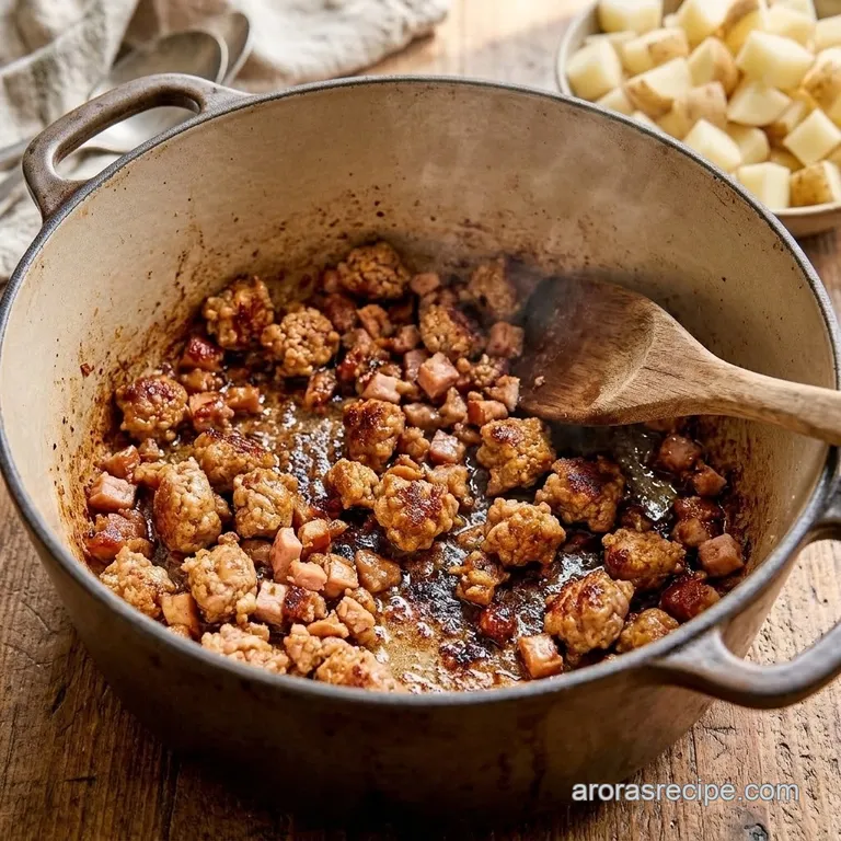 Browned turkey sausage and smoked turkey crumbles in a Dutch oven.