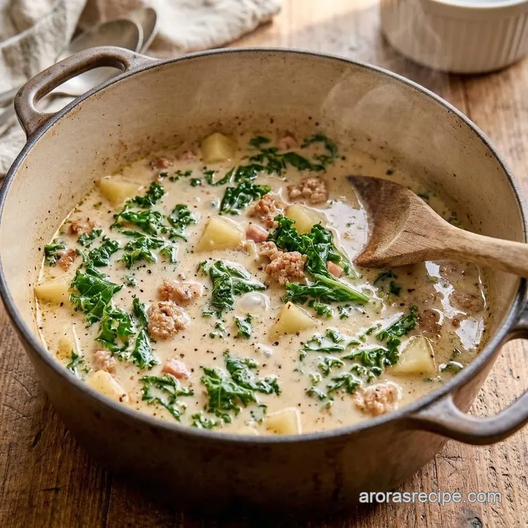 Creamy Tuscan soup with kale and potatoes simmering in a Dutch oven.