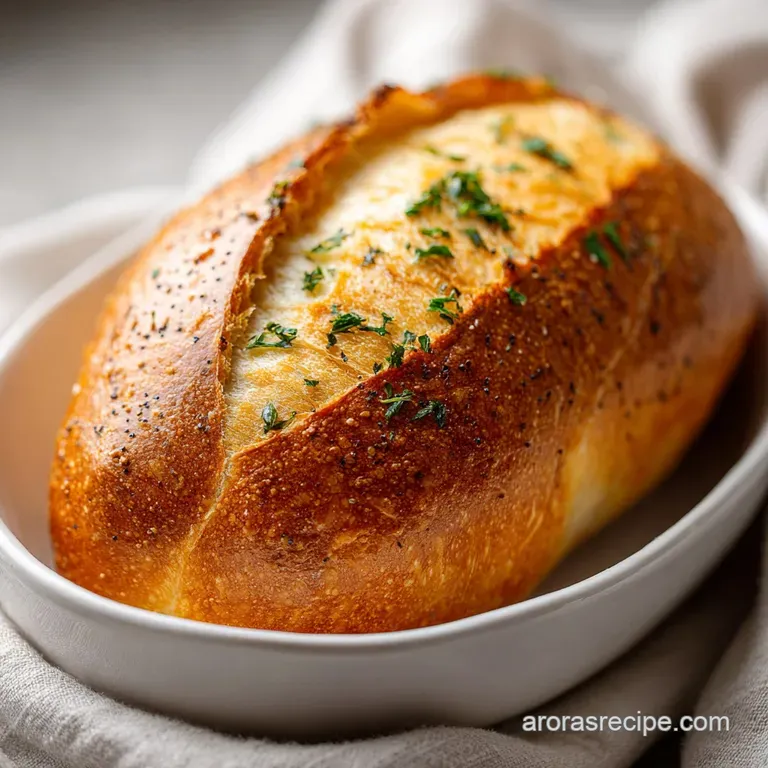 A rustic French baguette, golden and inviting, artfully presented with a dusting of flour on a wooden board.