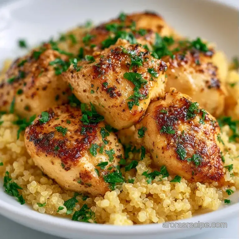 A white ceramic plate featuring tender poultry and grainy quinoa garnished with bright green parsley and lemon.