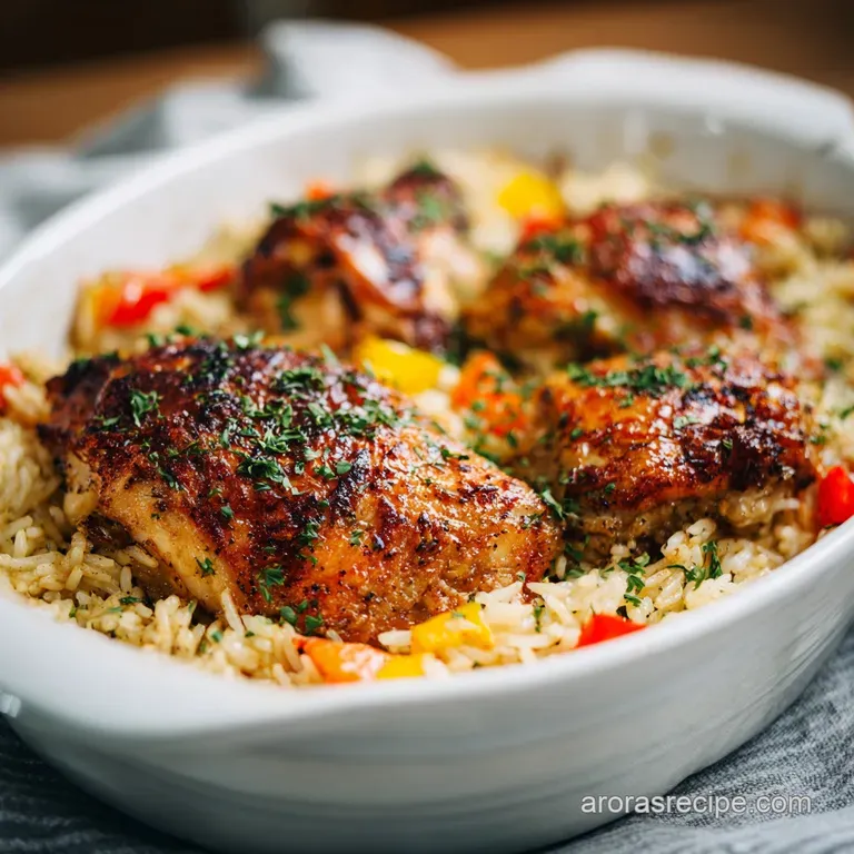 Crispy chicken thigh atop creamy, herb-flecked rice, artfully plated with a side of vibrant green vegetables.