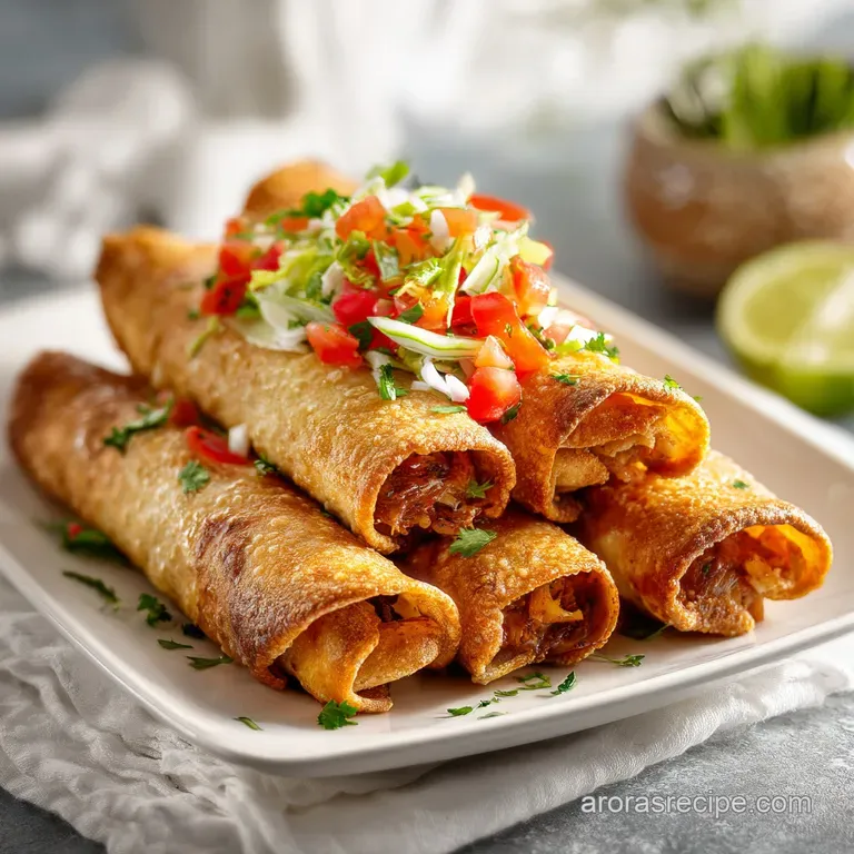 Arranged flautas with a dollop of creamy sour cream and vibrant salsa verde, creating a colorful plate.