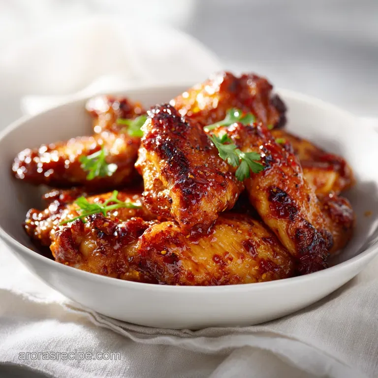 Crisp, golden-brown chicken wings drizzled with honey glaze, artfully arranged on a white plate.
