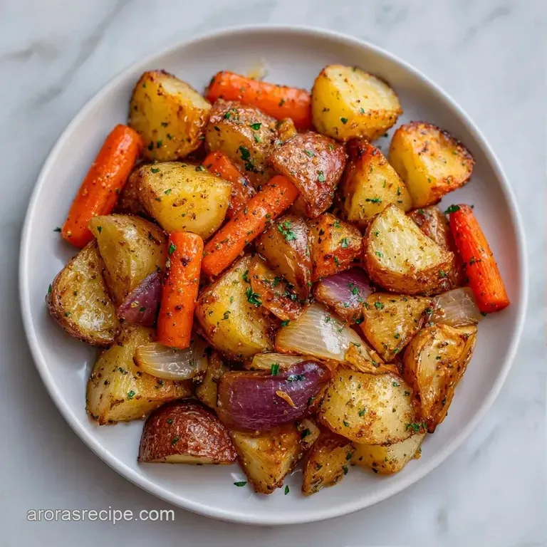 Vibrant orange carrots and red potatoes arranged on a white platter with a fresh sprig of aromatic rosemary.