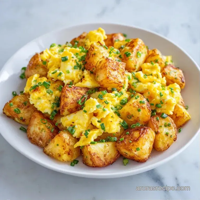 Diced golden potatoes and perfectly cooked eggs plated on white ceramic, topped with a sprinkle of fresh parsley.