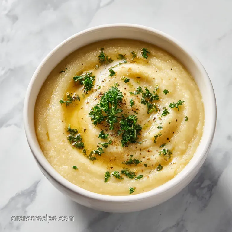 A swirl of rich cream tops a steaming bowl of thick potato soup, garnished with chives.