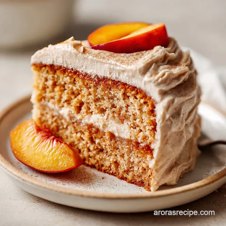Elegant slice of peach cake with rich brown sugar frosting, garnished with a fresh peach wedge and mint sprig on white plate.