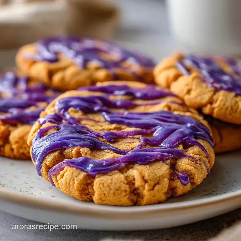 A stack of soft golden cookies with vibrant berry swirls on a white marble plate beside a glass of cold milk.