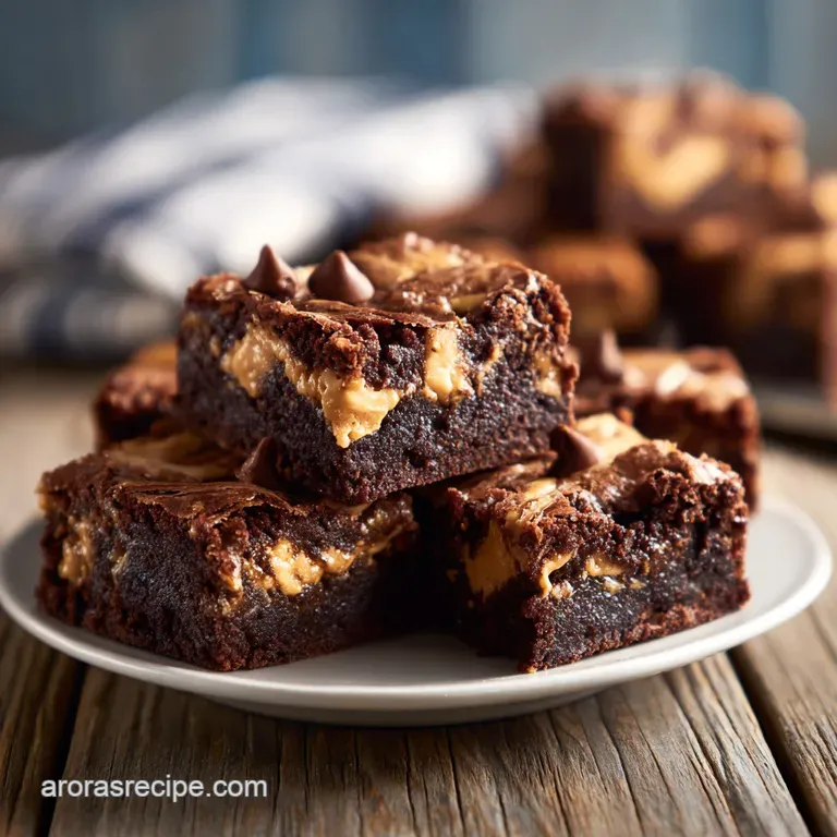 Individual brownie with a scoop of vanilla ice cream melting on top, drizzled chocolate sauce, and a peanut butter cup.