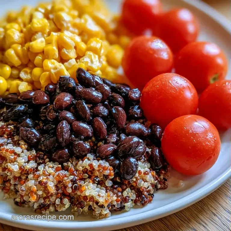 Fluffy quinoa and dark beans mixed with bright corn and peppers, served in a modern bowl with a fresh lime garnish.