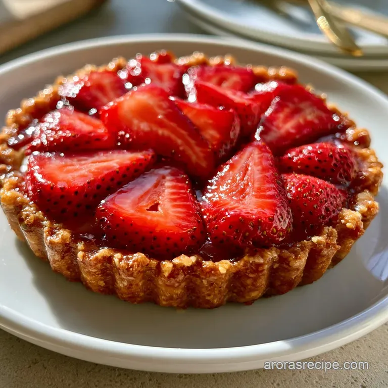 A neat slice of strawberry pie on a white plate, topped with a dollop of whipped cream and a fresh mint leaf.