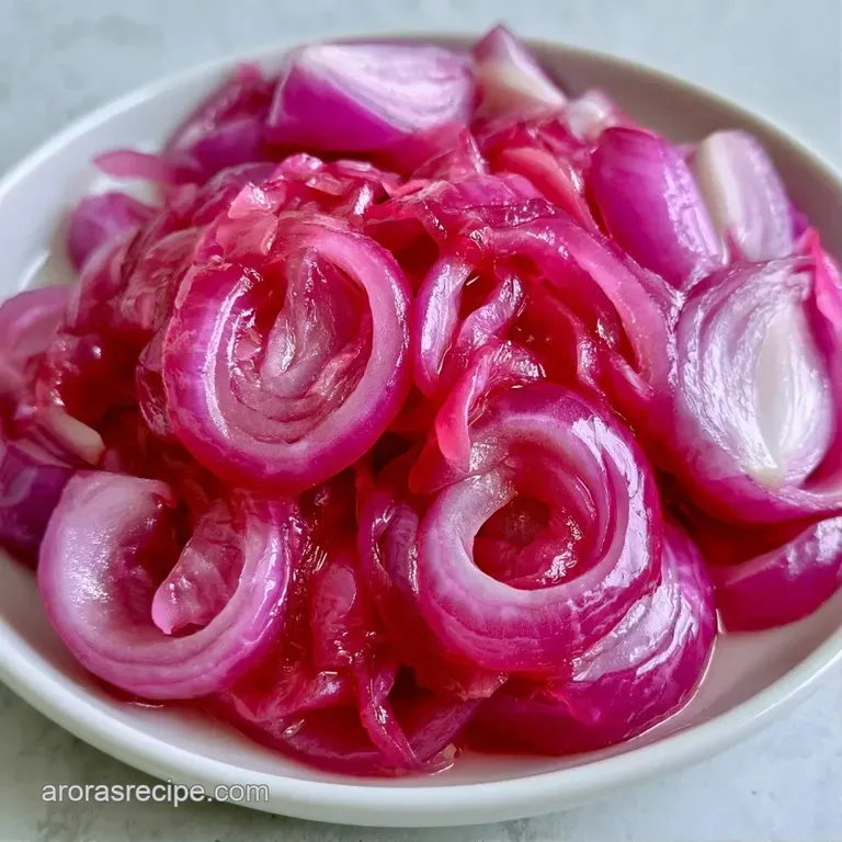 Glossy, translucent pink onion slices artfully arranged on a white plate with a sprinkle of fresh green herbs.