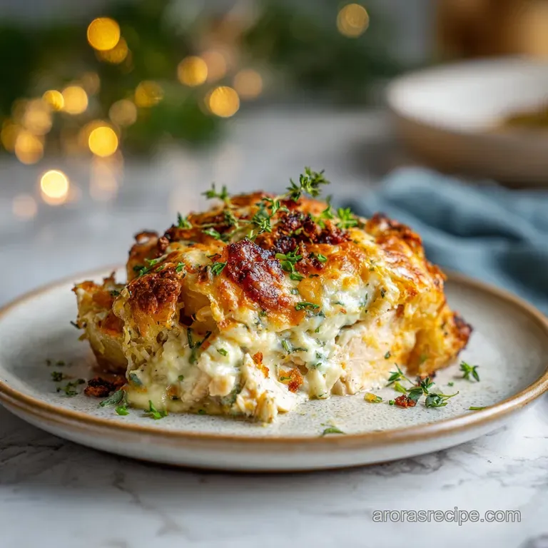 A hearty portion of creamy chicken and potato casserole, artfully plated with a garnish of fresh parsley.