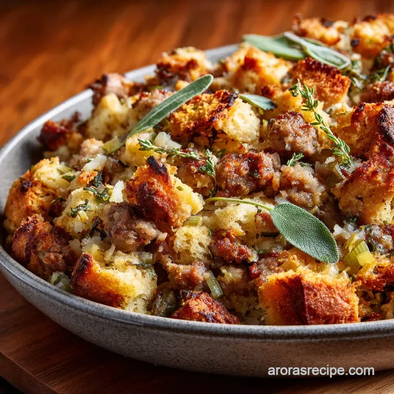 Sausage Stuffing Proper British Sage Dressing Crispy Top Moist Inside presentation