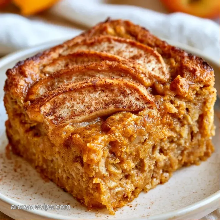 Hearty orange-hued oat square topped with a cinnamon stick and thin apple slices on a textured grey plate.