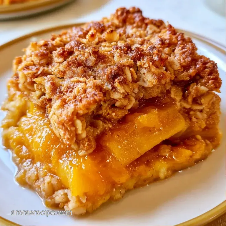 A scoop of warm orange fruit crumble on a white plate, garnished with a dollop of melting vanilla ice cream.