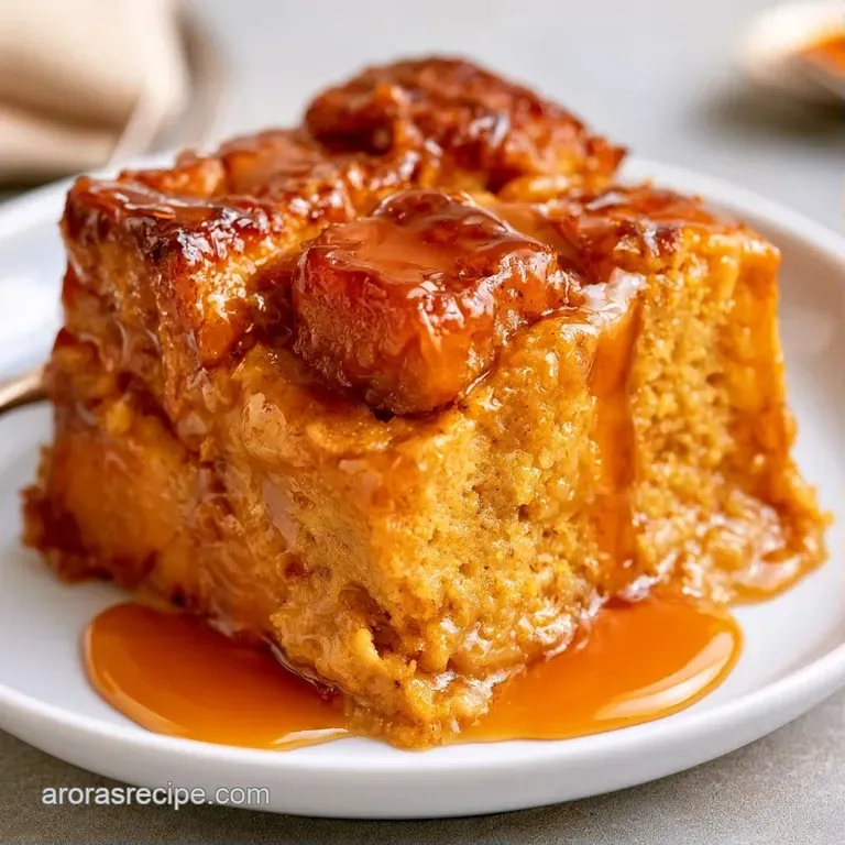 A square slice of orange-hued dessert drizzled with white cream sauce and a sprinkle of cinnamon on a white plate.